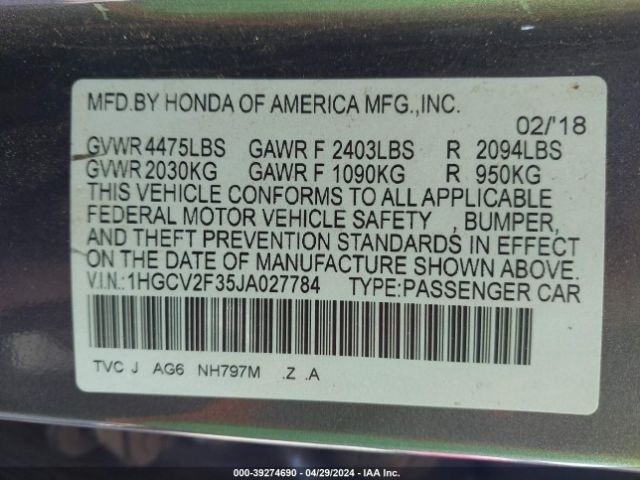 Photo 8 VIN: 1HGCV2F35JA027784 - HONDA ACCORD 