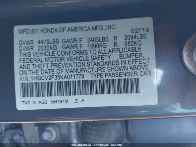 Photo 8 VIN: 1HGCV2F35KA011778 - HONDA ACCORD 