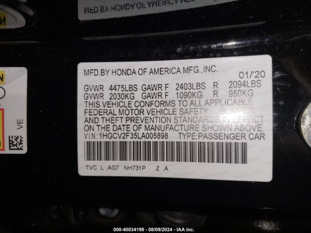 Photo 8 VIN: 1HGCV2F35LA005898 - HONDA ACCORD 