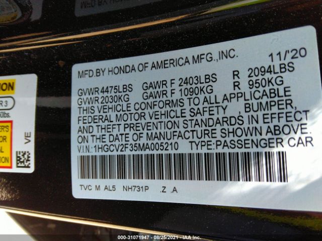 Photo 8 VIN: 1HGCV2F35MA005210 - HONDA ACCORD SEDAN 