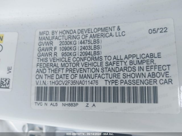 Photo 8 VIN: 1HGCV2F35NA011476 - HONDA ACCORD 