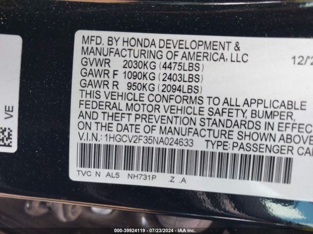 Photo 8 VIN: 1HGCV2F35NA024633 - HONDA ACCORD 