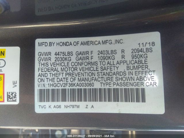 Photo 8 VIN: 1HGCV2F36KA003060 - HONDA ACCORD SEDAN 