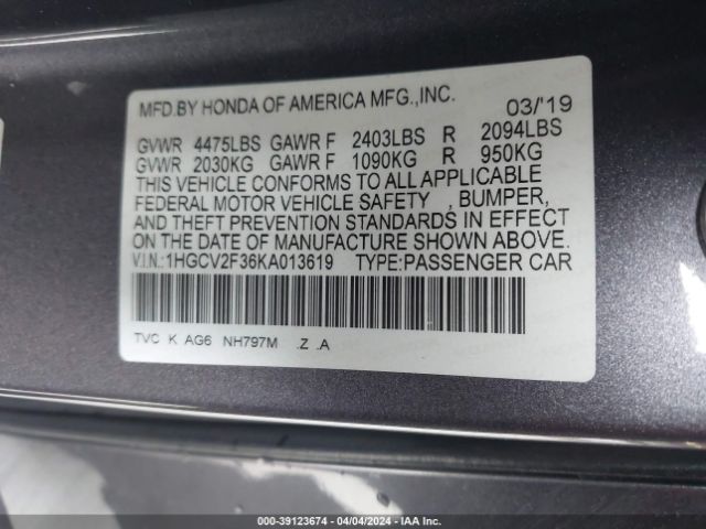 Photo 8 VIN: 1HGCV2F36KA013619 - HONDA ACCORD 