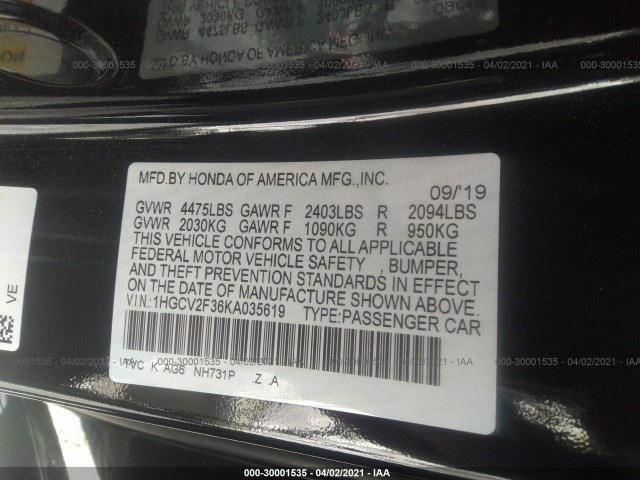 Photo 8 VIN: 1HGCV2F36KA035619 - HONDA ACCORD SEDAN 