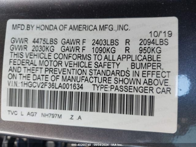 Photo 8 VIN: 1HGCV2F36LA001634 - HONDA ACCORD 