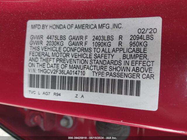 Photo 8 VIN: 1HGCV2F36LA014710 - HONDA ACCORD 