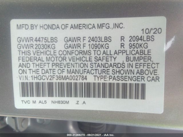 Photo 8 VIN: 1HGCV2F36MA002784 - HONDA ACCORD SEDAN 