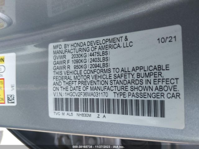 Photo 8 VIN: 1HGCV2F36MA031170 - HONDA ACCORD 