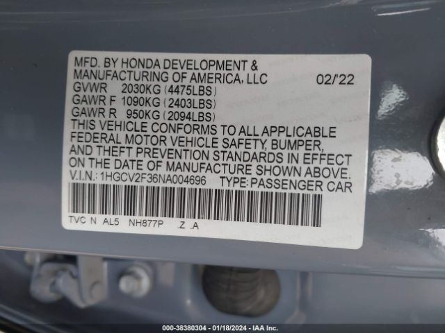 Photo 8 VIN: 1HGCV2F36NA004696 - HONDA ACCORD 