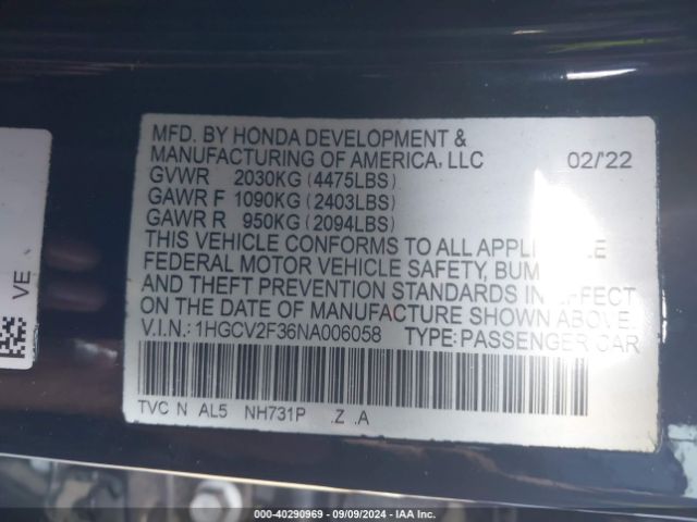 Photo 8 VIN: 1HGCV2F36NA006058 - HONDA ACCORD 