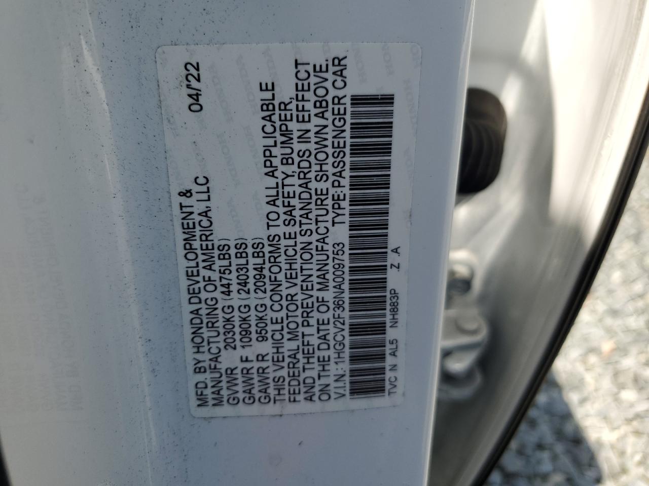 Photo 12 VIN: 1HGCV2F36NA009753 - HONDA ACCORD 