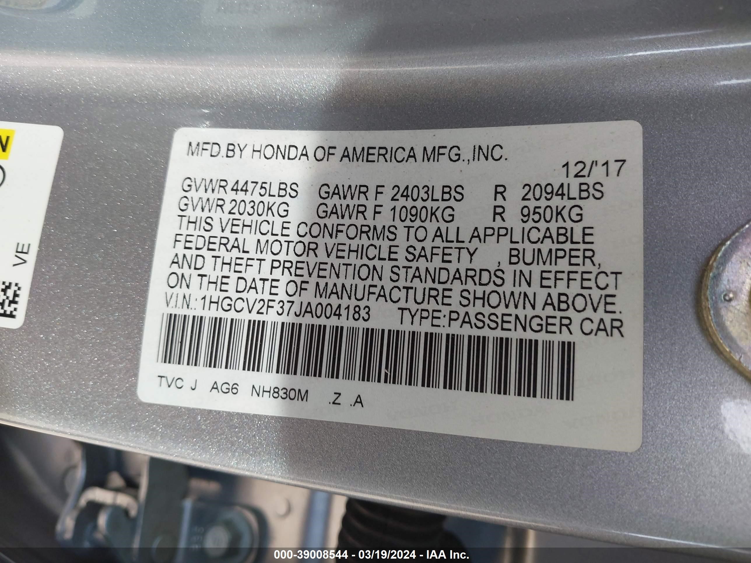 Photo 8 VIN: 1HGCV2F37JA004183 - HONDA ACCORD 