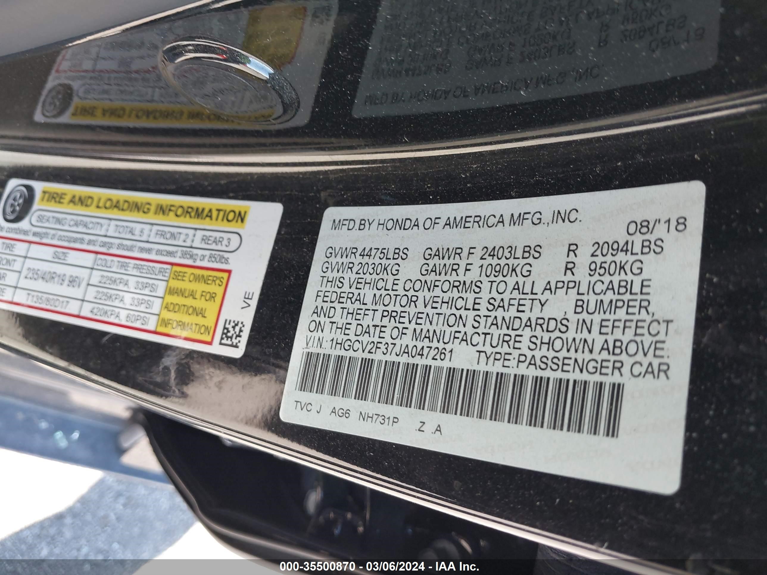 Photo 8 VIN: 1HGCV2F37JA047261 - HONDA ACCORD 