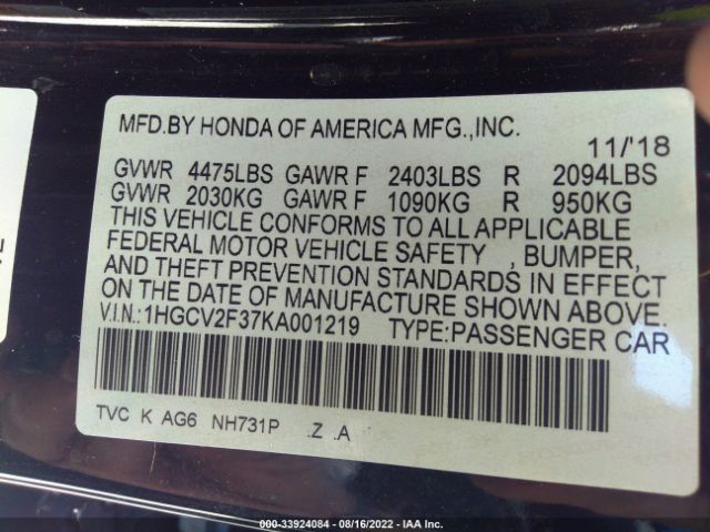 Photo 8 VIN: 1HGCV2F37KA001219 - HONDA ACCORD SEDAN 