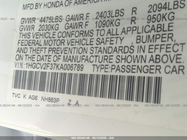 Photo 8 VIN: 1HGCV2F37KA006789 - HONDA ACCORD SEDAN 