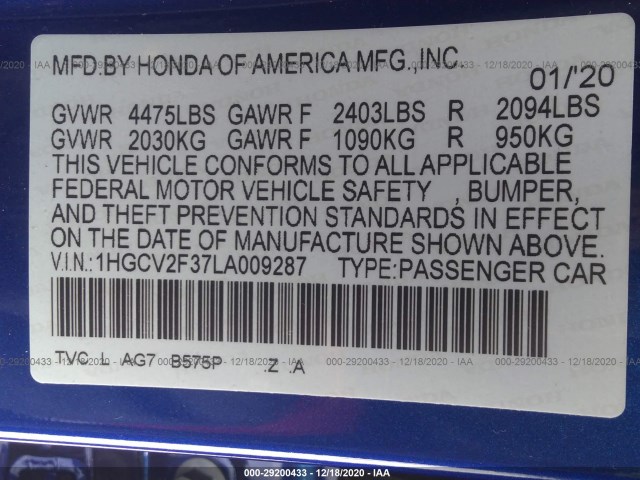 Photo 8 VIN: 1HGCV2F37LA009287 - HONDA ACCORD SEDAN 