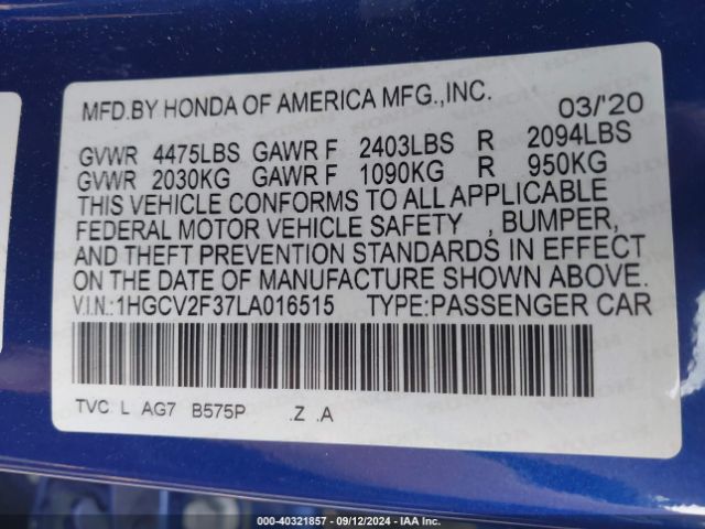 Photo 8 VIN: 1HGCV2F37LA016515 - HONDA ACCORD 