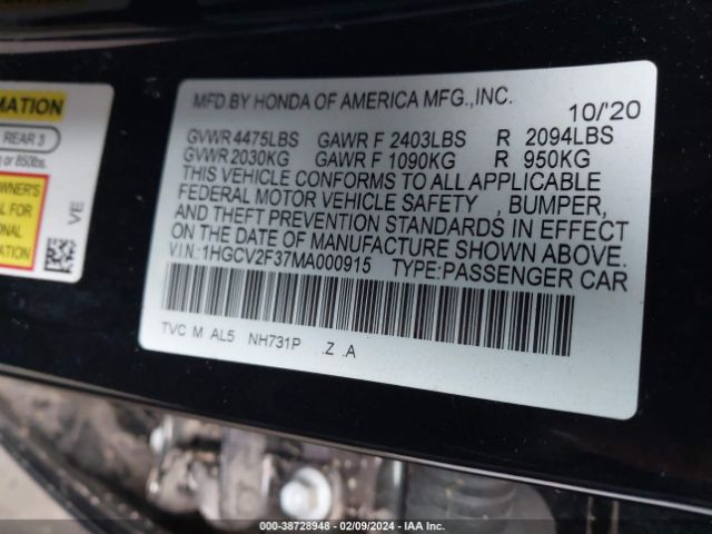 Photo 8 VIN: 1HGCV2F37MA000915 - HONDA ACCORD 