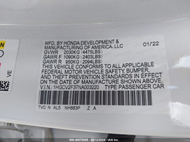 Photo 8 VIN: 1HGCV2F37NA003220 - HONDA ACCORD 