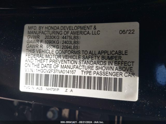 Photo 8 VIN: 1HGCV2F37NA014167 - HONDA ACCORD 