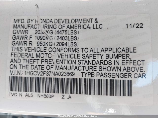 Photo 8 VIN: 1HGCV2F37NA023869 - HONDA ACCORD 