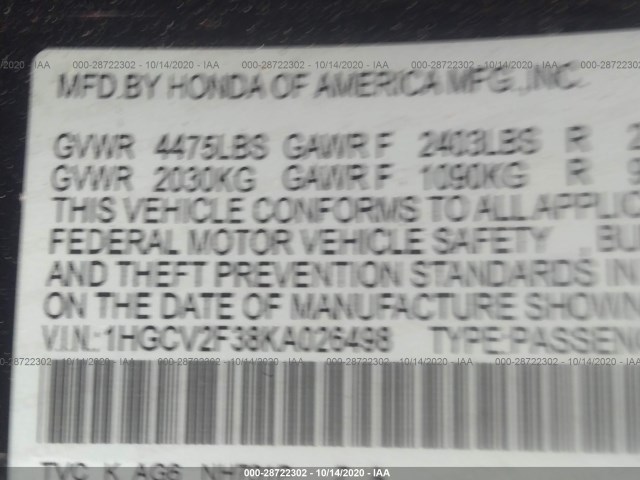 Photo 8 VIN: 1HGCV2F38KA026498 - HONDA ACCORD SEDAN 