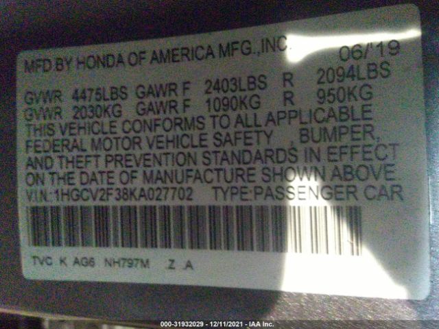 Photo 8 VIN: 1HGCV2F38KA027702 - HONDA ACCORD SEDAN 