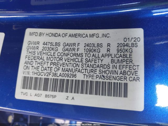 Photo 8 VIN: 1HGCV2F38LA009296 - HONDA ACCORD 
