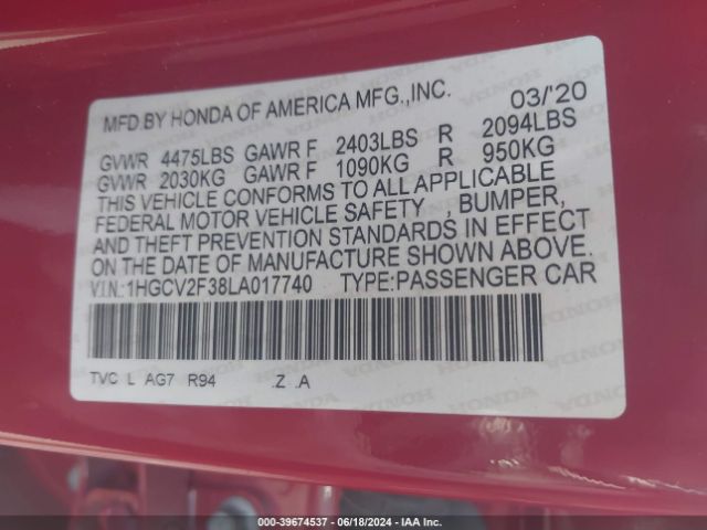 Photo 8 VIN: 1HGCV2F38LA017740 - HONDA ACCORD 