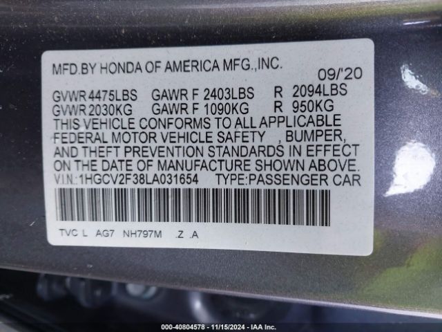 Photo 8 VIN: 1HGCV2F38LA031654 - HONDA ACCORD 