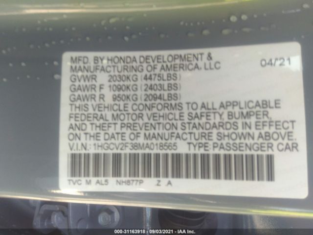 Photo 8 VIN: 1HGCV2F38MA018565 - HONDA ACCORD SEDAN 