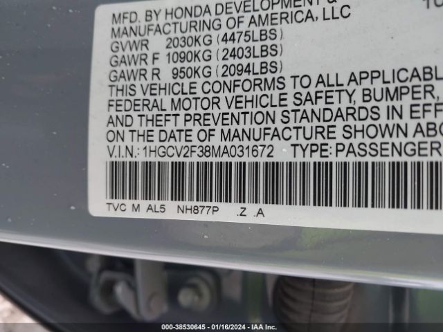 Photo 8 VIN: 1HGCV2F38MA031672 - HONDA ACCORD 