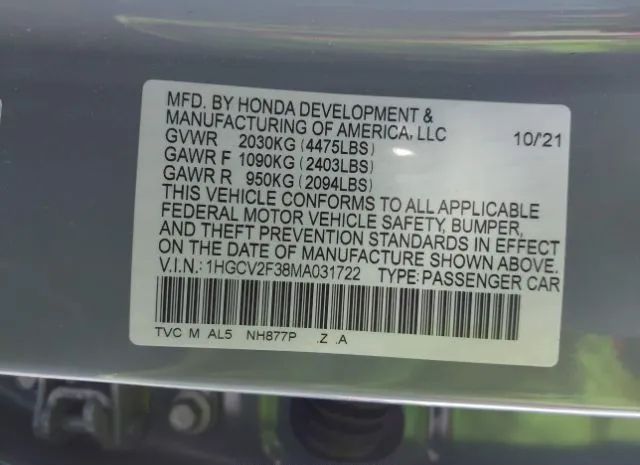 Photo 8 VIN: 1HGCV2F38MA031722 - HONDA ACCORD SEDAN 