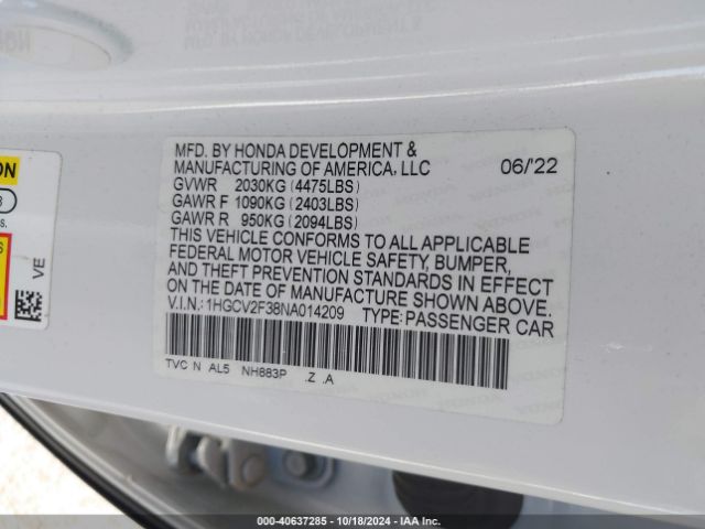 Photo 8 VIN: 1HGCV2F38NA014209 - HONDA ACCORD 