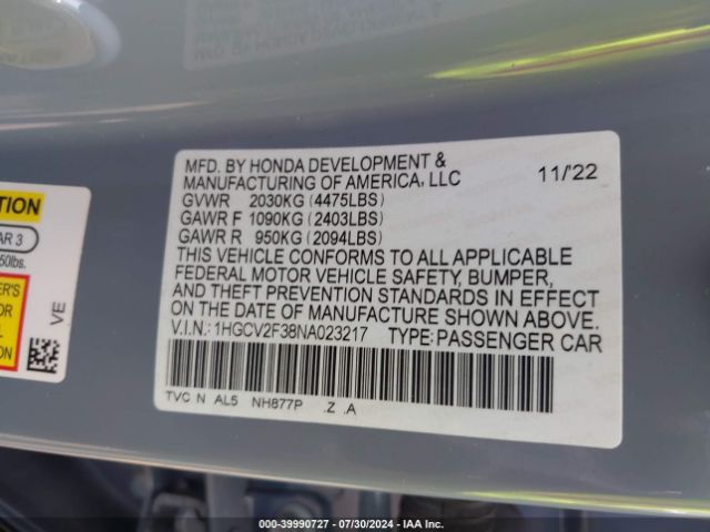 Photo 8 VIN: 1HGCV2F38NA023217 - HONDA ACCORD 