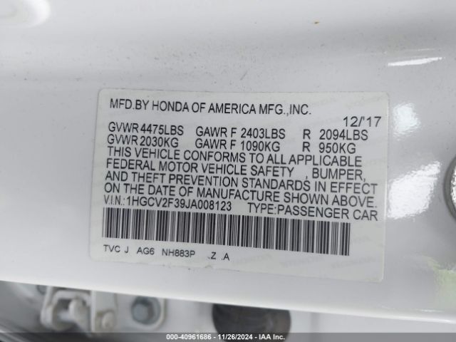 Photo 8 VIN: 1HGCV2F39JA008123 - HONDA ACCORD 