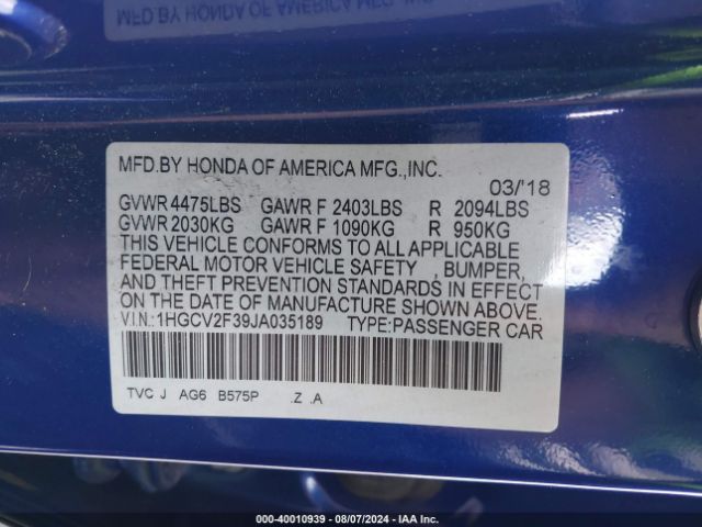 Photo 8 VIN: 1HGCV2F39JA035189 - HONDA ACCORD 