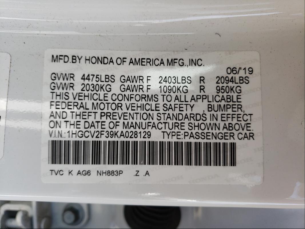 Photo 9 VIN: 1HGCV2F39KA028129 - HONDA ACCORD SPO 