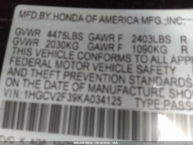 Photo 8 VIN: 1HGCV2F39KA034125 - HONDA ACCORD SEDAN 