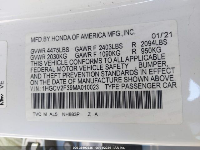 Photo 8 VIN: 1HGCV2F39MA010023 - HONDA ACCORD 