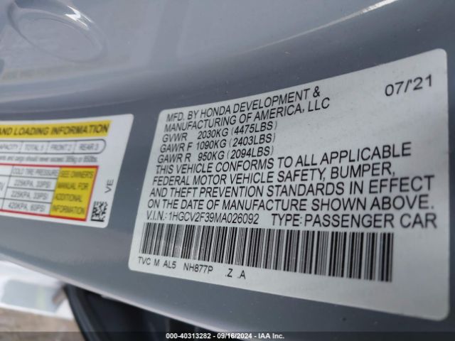 Photo 8 VIN: 1HGCV2F39MA026092 - HONDA ACCORD 