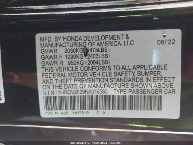 Photo 8 VIN: 1HGCV2F39NA016583 - HONDA ACCORD 