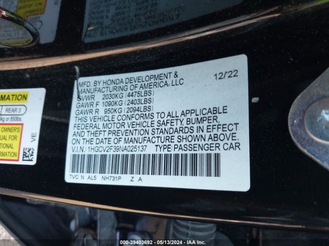 Photo 8 VIN: 1HGCV2F39NA025137 - HONDA ACCORD 