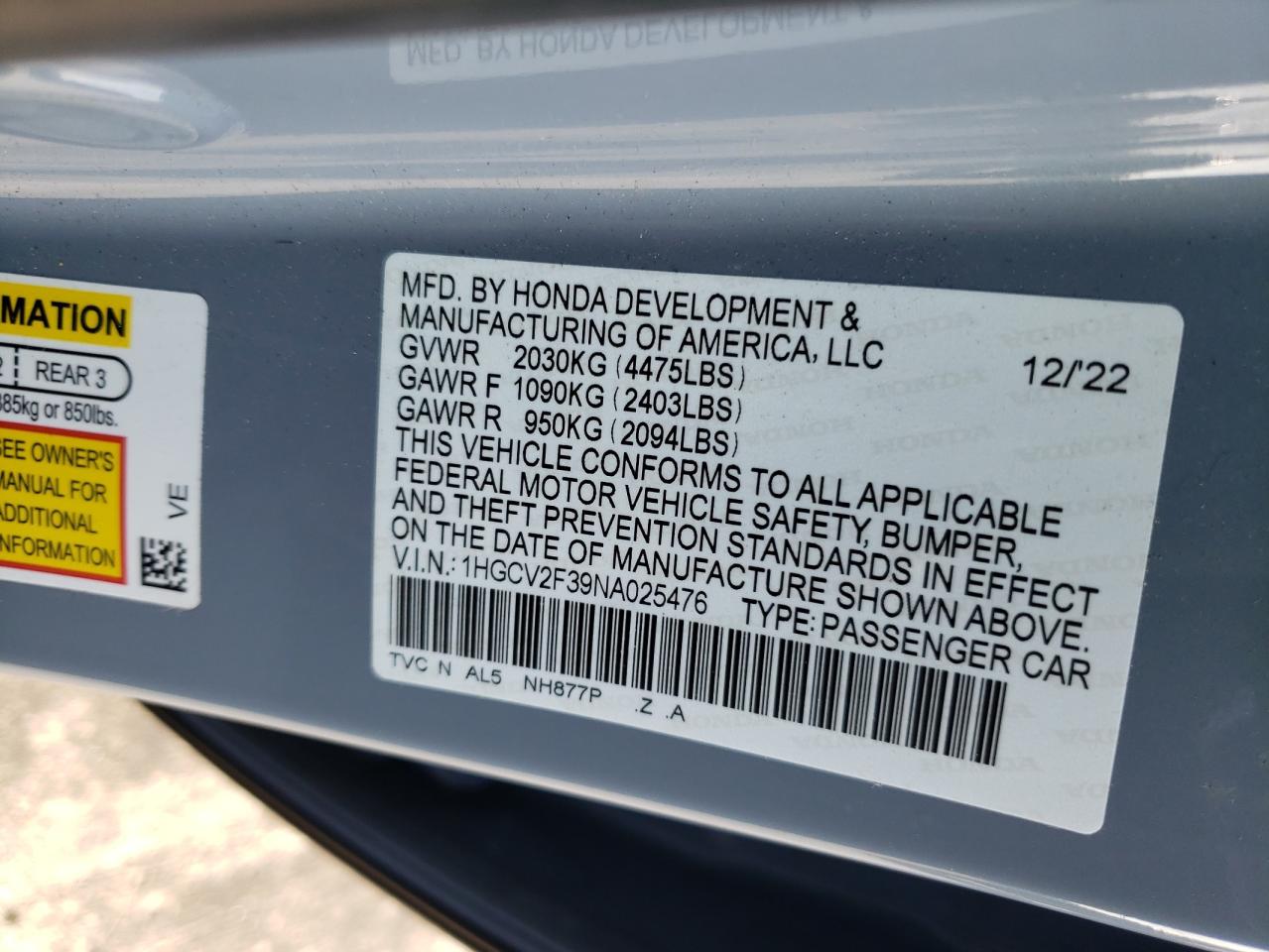 Photo 11 VIN: 1HGCV2F39NA025476 - HONDA ACCORD 