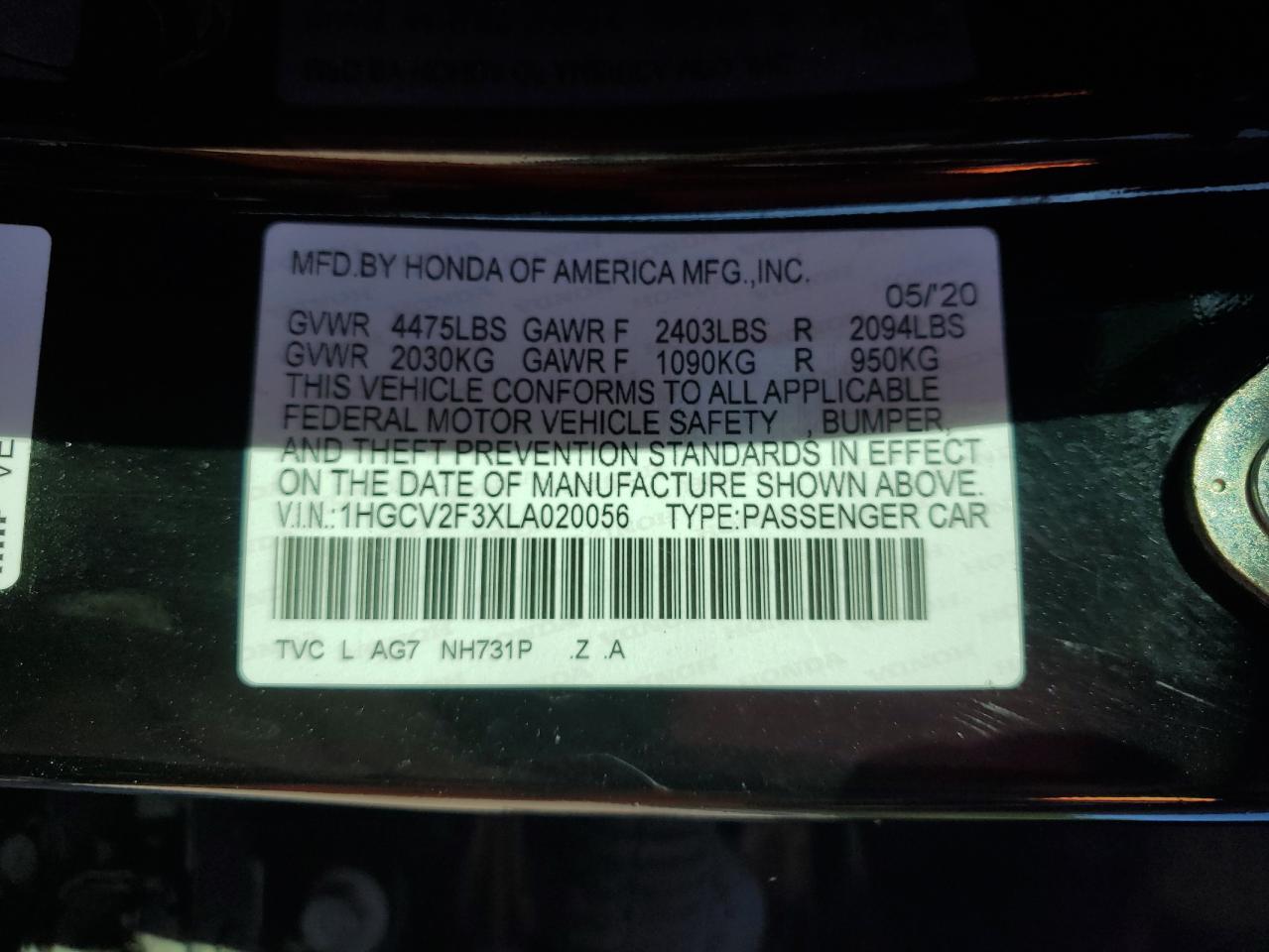 Photo 12 VIN: 1HGCV2F3XLA020056 - HONDA ACCORD 