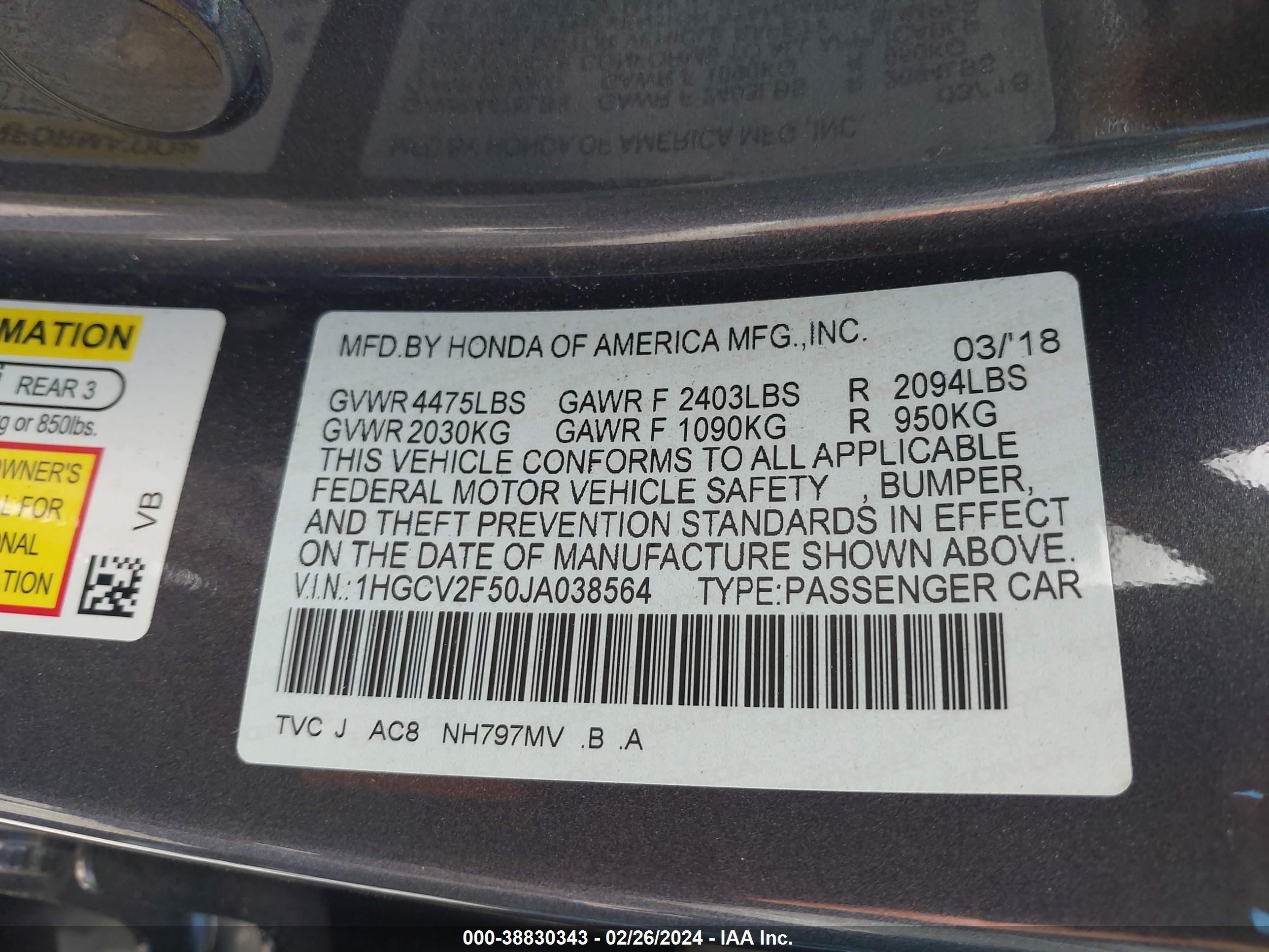 Photo 8 VIN: 1HGCV2F50JA038564 - HONDA ACCORD 