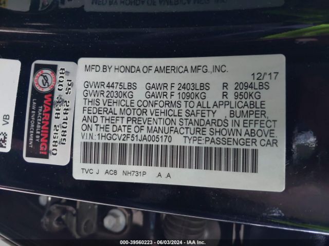 Photo 8 VIN: 1HGCV2F51JA005170 - HONDA ACCORD 