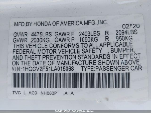 Photo 8 VIN: 1HGCV2F51LA015068 - HONDA ACCORD 