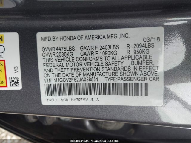 Photo 8 VIN: 1HGCV2F52JA038551 - HONDA ACCORD 